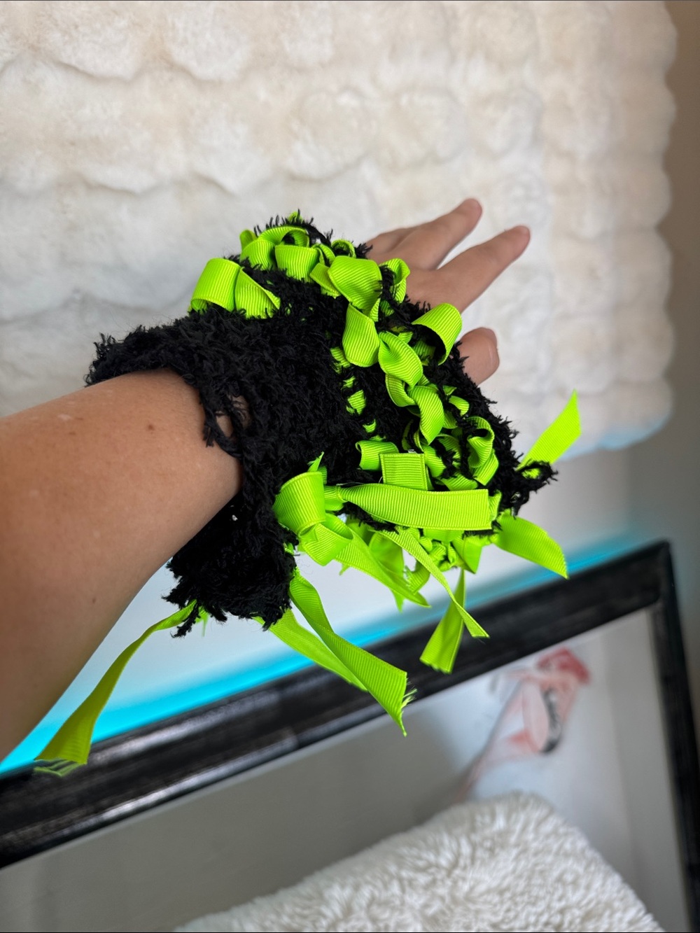 Handmade knit by me Neon Green & Black Ribbon Accent Bracelet Cuff